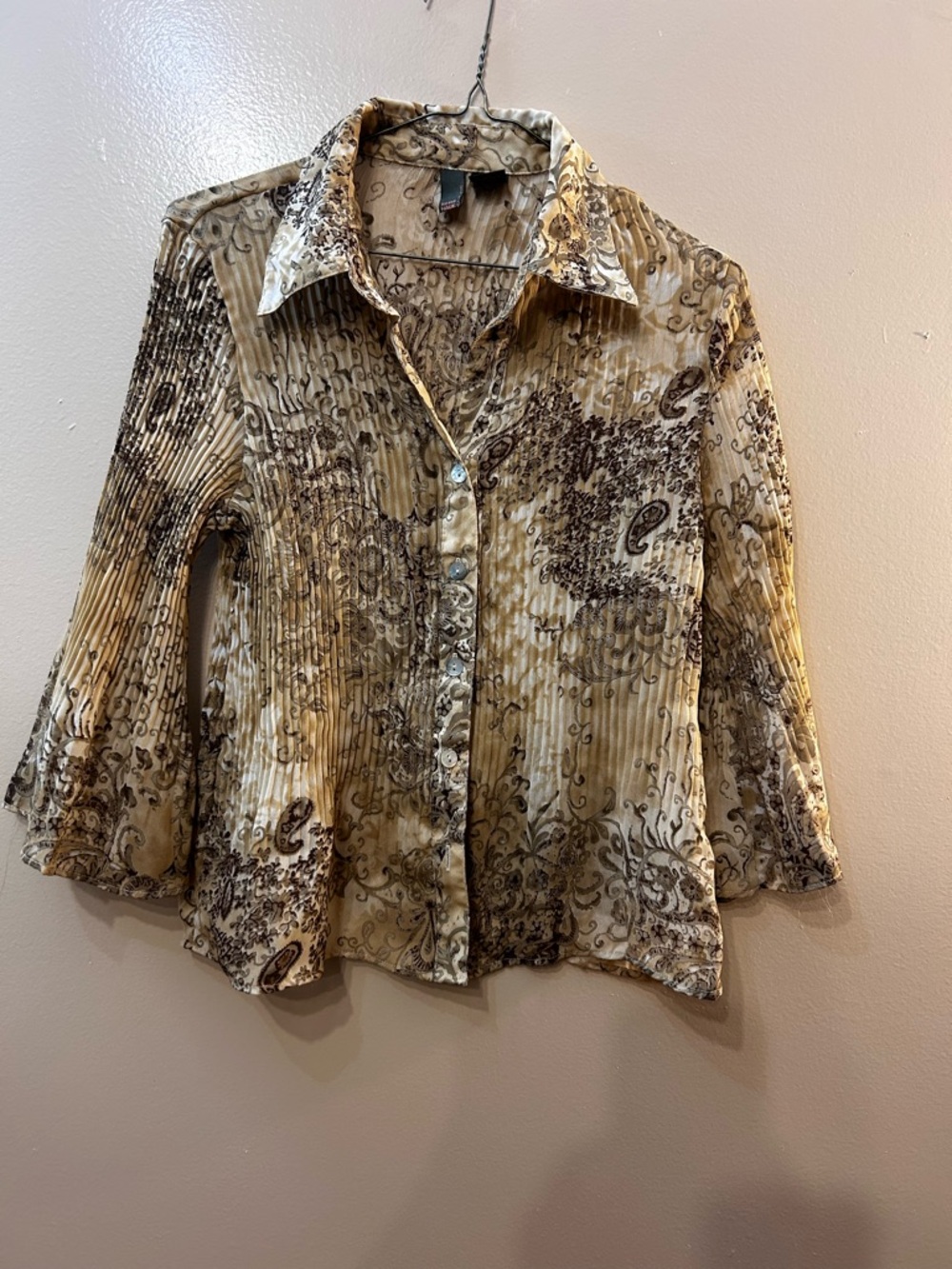 Womens Cream & Brown Paisley Button-Down Shirt